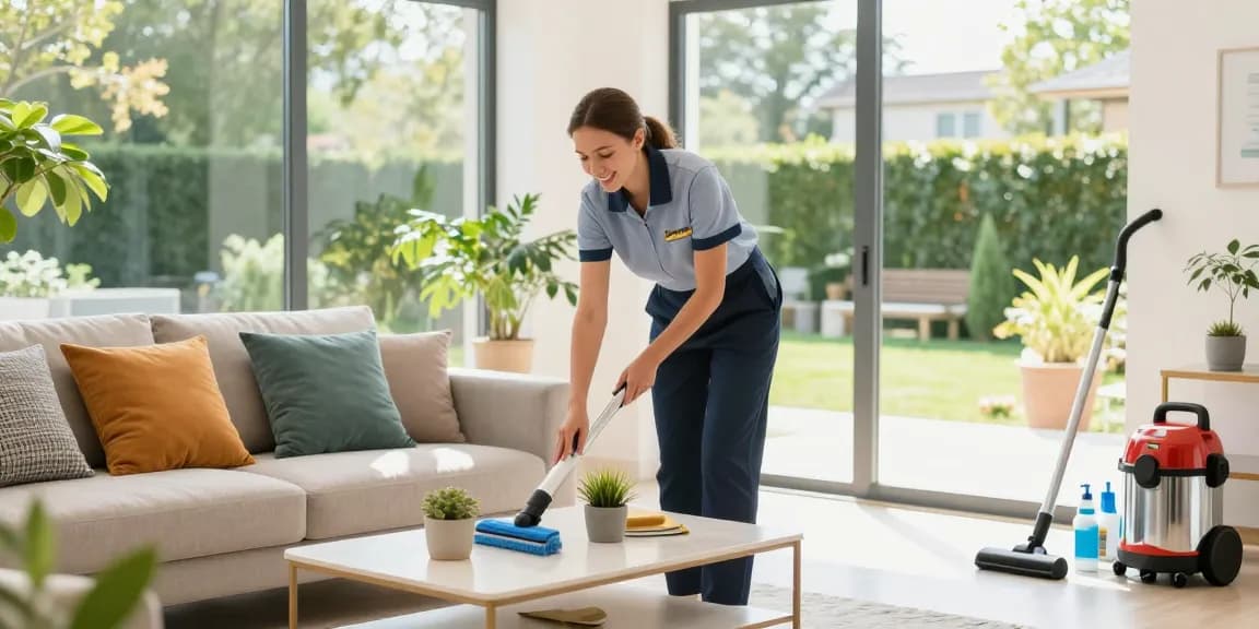 Professional cleaner in a bright living room showcasing reinigungsfirmen in bern services with attention to detail and warmth.