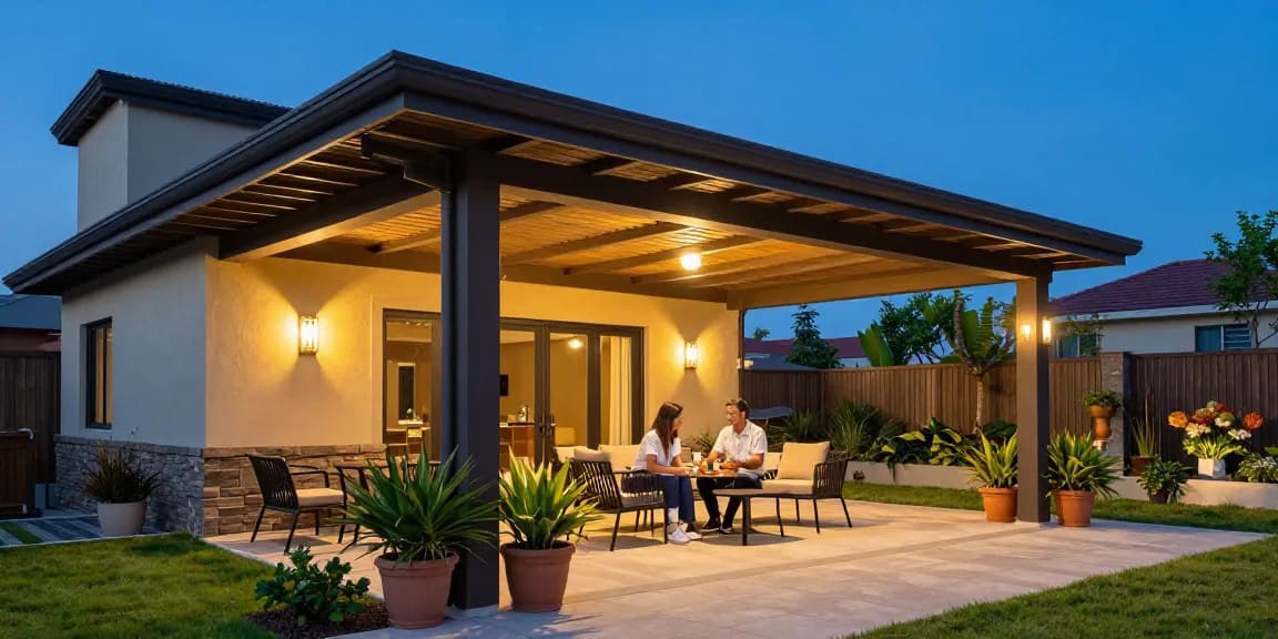 Freistehende Terrassenüberdachung mit elegantem Design und gemütlicher Atmosphäre im Garten.