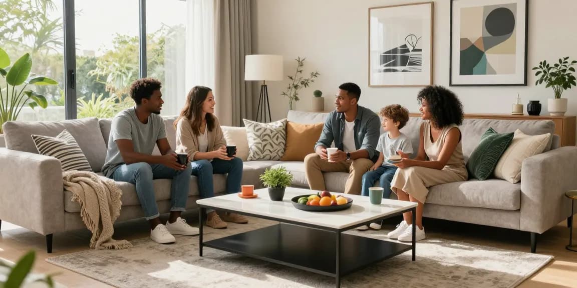 Gemütliches Familientreffen in einem stilvollen Wohnzimmer, das Möbel und eine einladende Atmosphäre für möbel online bestellen zeigt.