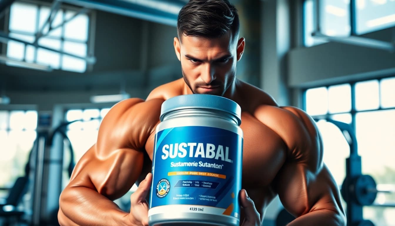 Starker Bodybuilder präsentiert Sustabal Sustanon in einem Fitnessstudio, ideal für Krafttraining.