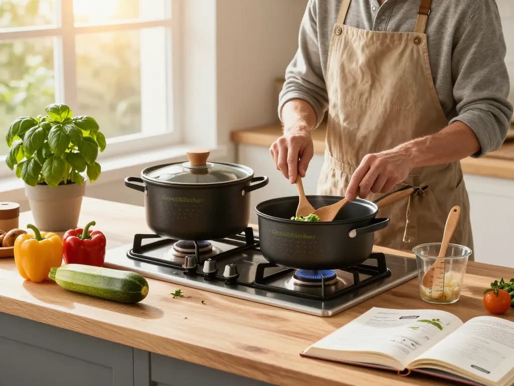 Die Zubereitung einer köstlichen Mahlzeit mit dem besten Kochtopf für Induktion in einer gemütlichen Kücheneinstellung während der goldenen Stunde.