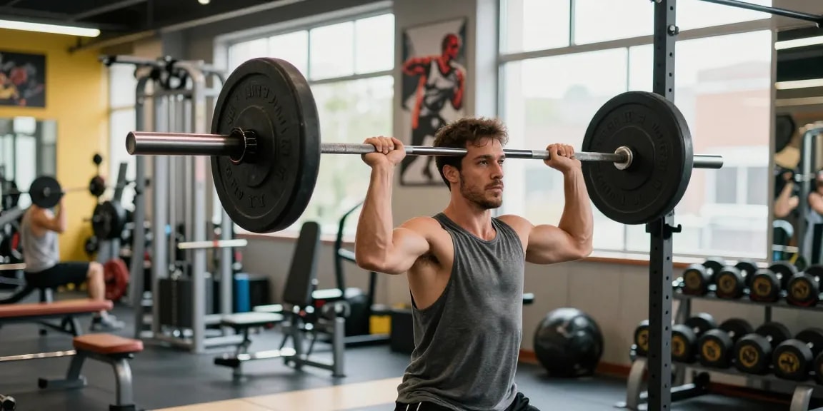 Anabolika Shop: Athlet im Fitnessstudio beim Gewichtheben, umgeben von Geräten und motivierenden Postern.