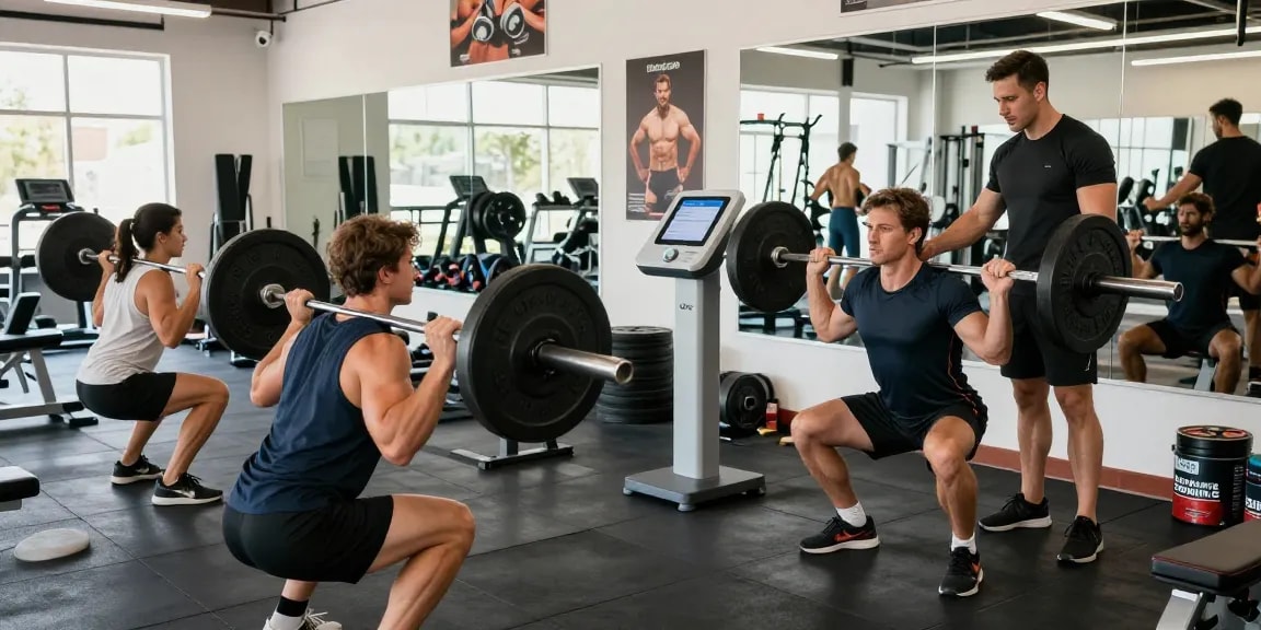 Global Pharma Steroids für sportliche Leistungssteigerung in einem modernen Fitnessstudio mit motivierenden Trainingsszenen.