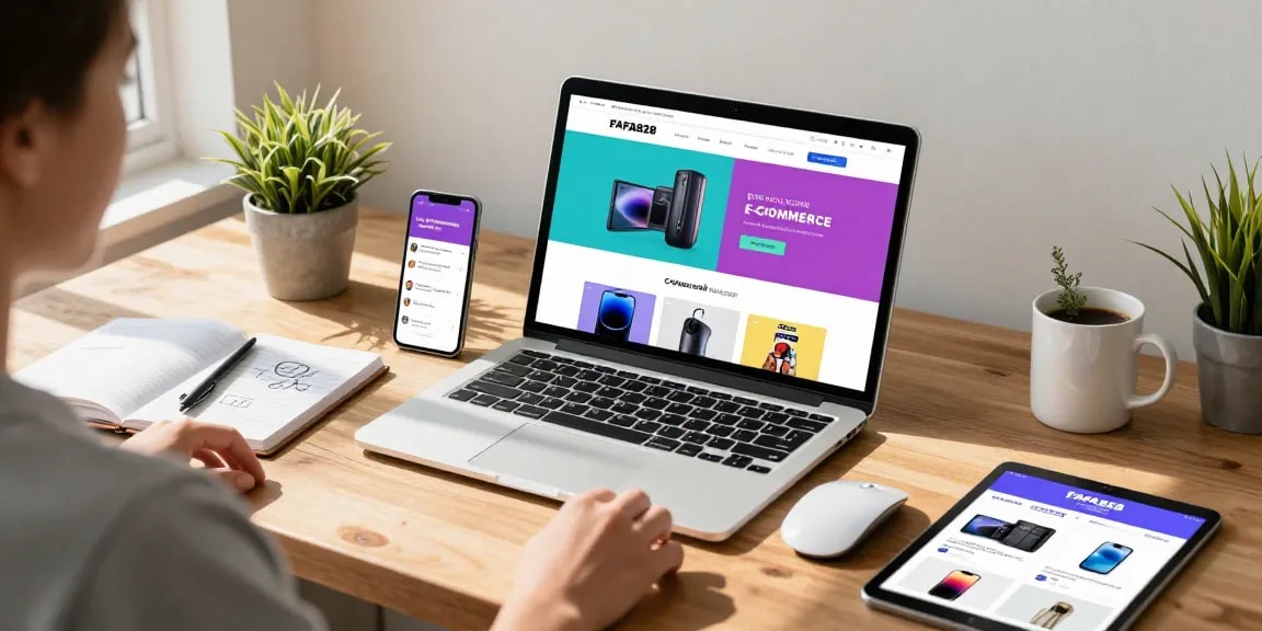 Engaging online shopping scene with FAFA828 website, laptop, and cozy workspace setup