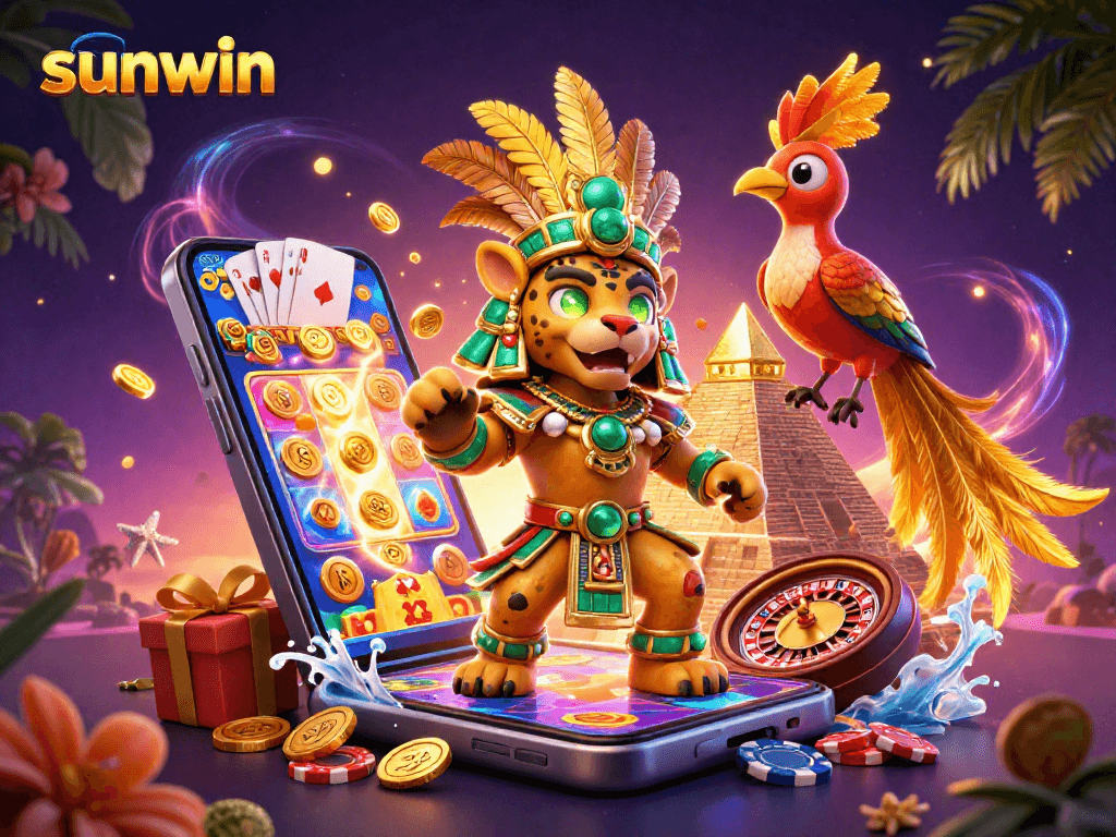 Experience dynamic slots action with sunwin, featuring a dazzling Mayan priest, golden coins, and colorful games.