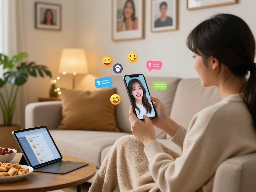 Engaging girlfriend AI experience on smartphone in cozy home environment with animated interaction.