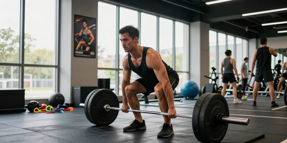 Starker Bodybuilder hebt Gewichte im Steroidshop, um Muskeln aufzubauen