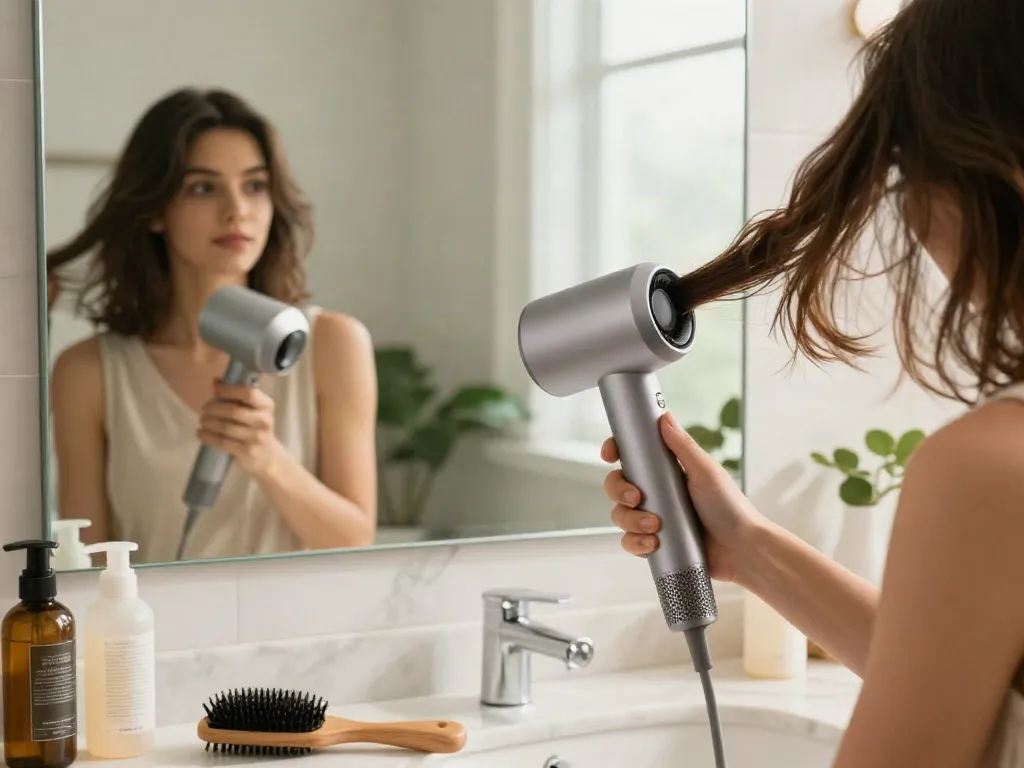 Laifen de Haartrockner in modernem Badezimmer während der Anwendung.
