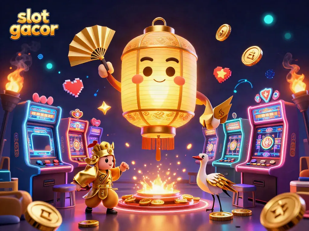 Experience the excitement of slot gacor with a vibrant casino scene featuring golden lanterns and arcade games.