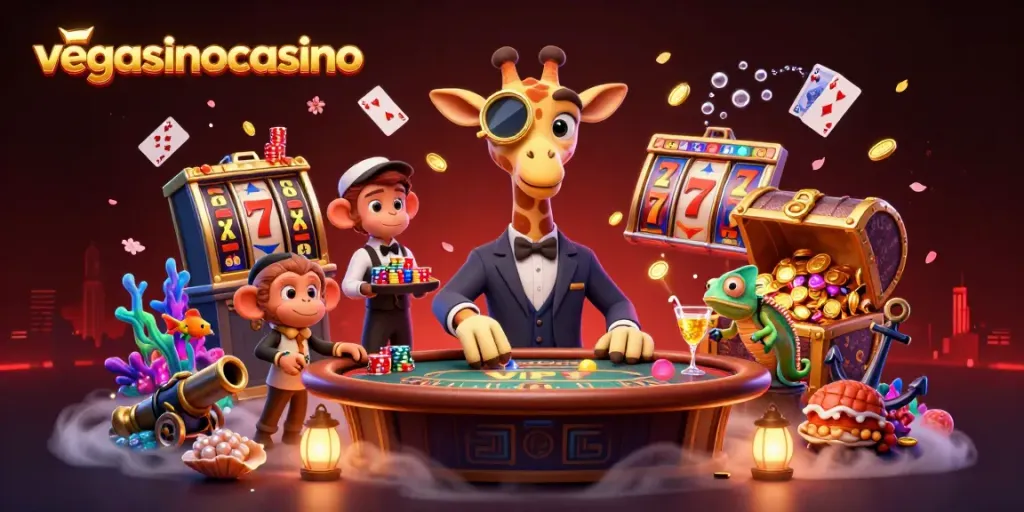Experience thrill with vegasinocasino in this vibrant 3D casino illustration with vibrant characters and game elements.