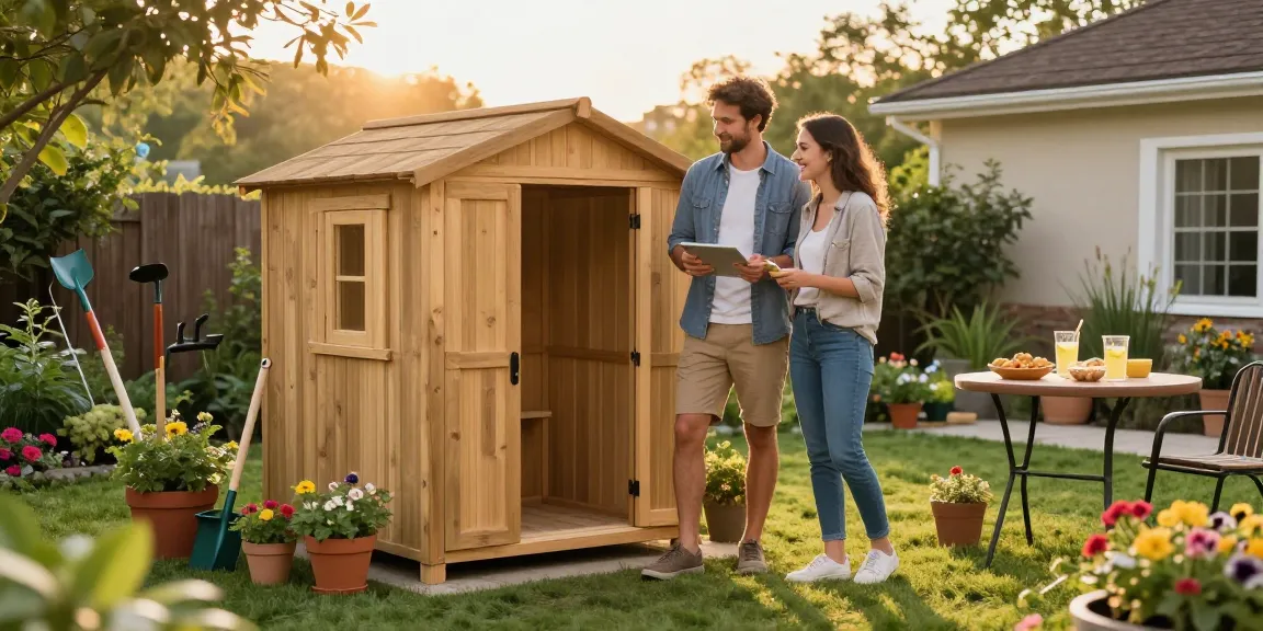 Gartenhaus kaufen: Ein Paar inspiziert ihren neuen Gartenraum in einem blühenden Garten.