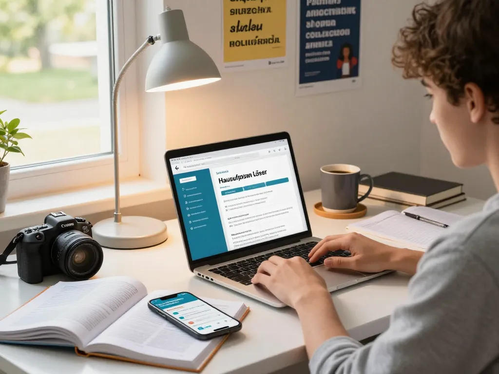 Student, der an einem hellen Schreibtisch mit Lehrbüchern und einem Laptop online mit dem Hausaufgaben Löser beschäftigt ist.