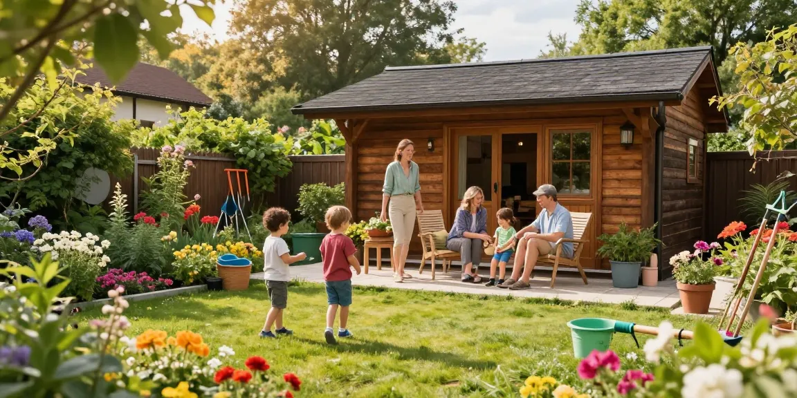 Gemütliches Garten Haus im Familiengarten mit bunten Blumen und sonnigem Ambiente, ideal für Entspannung im Freien.