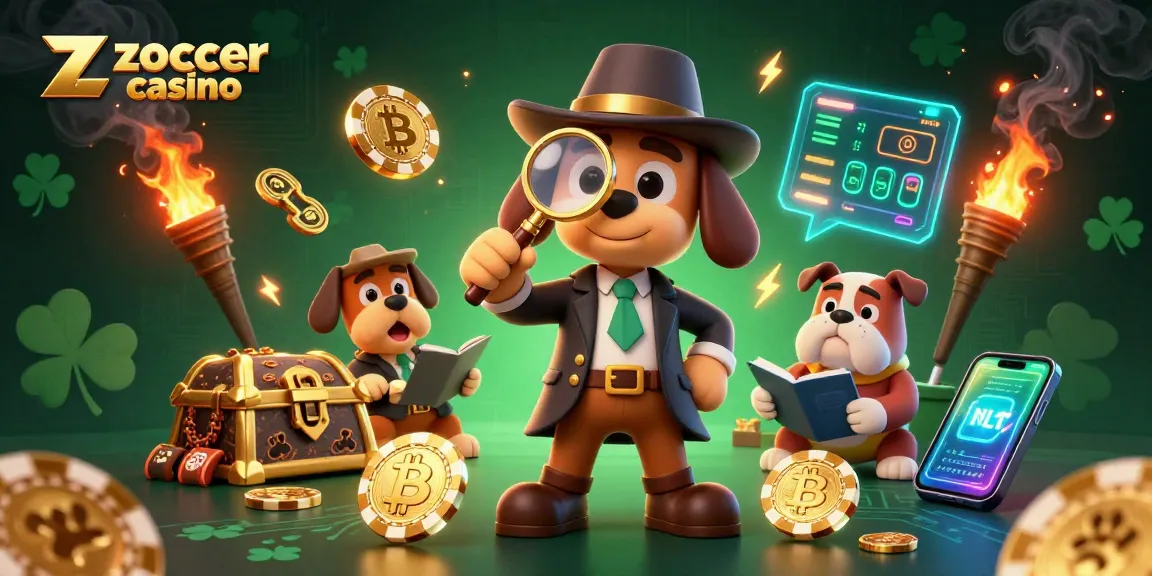 Engage with zoccer casino through a captivating scene of a detective and clues to treasure amid digital elements.