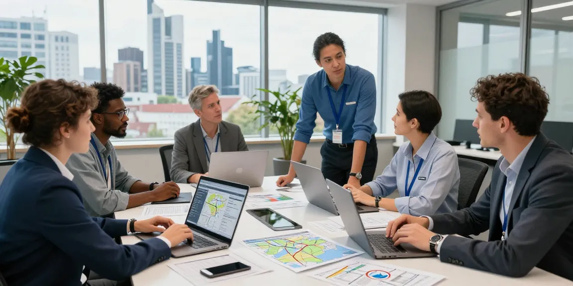 Transportunternehmen in Stuttgart - Team von Fachleuten bei strategischer Besprechung über internationale Transporte in modernem Büro.