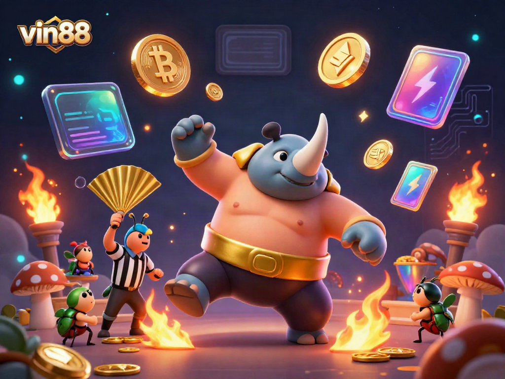 Experience thrilling gameplay at vin88, featuring a sumo champion beetle sending coins flying in a vibrant casino scene.