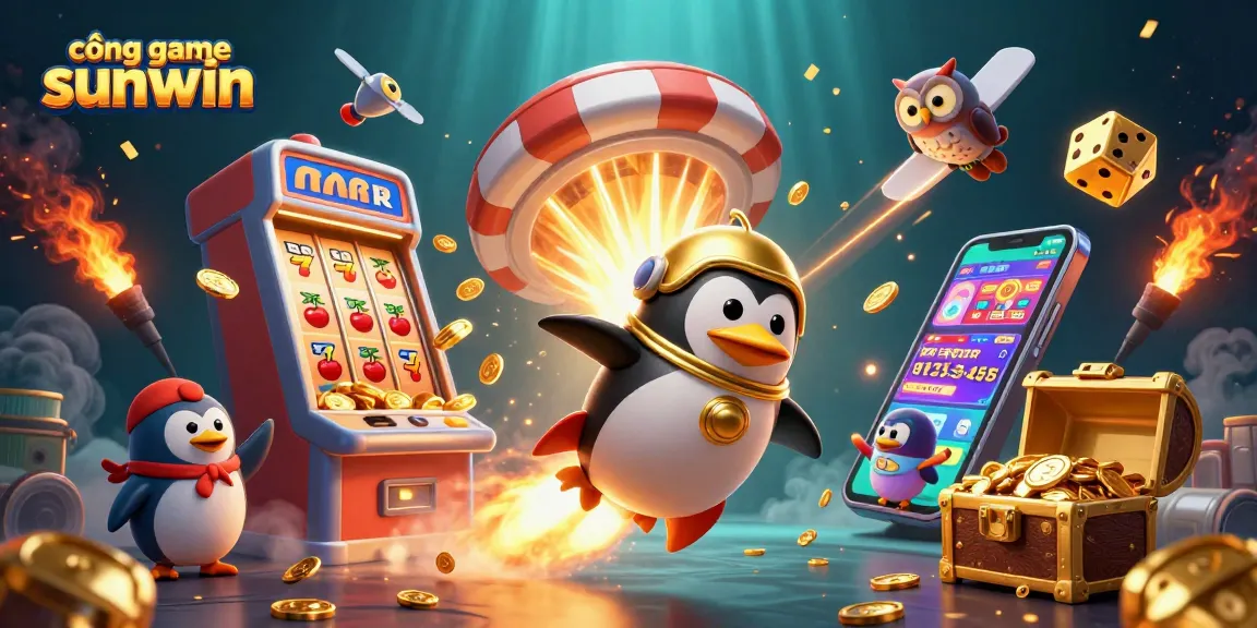 Engage with cổng game sunwin as a golden penguin flies toward a vibrant casino-themed space station.