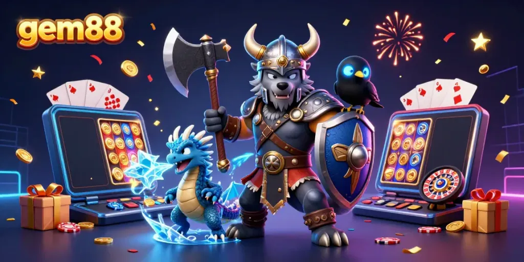 Engage in thrilling gameplay at gem88 with vibrant characters and slot games erupting with excitement.