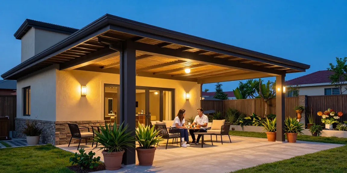 Freistehende Terrassenüberdachung mit elegantem Design und gemütlicher Atmosphäre im Garten.