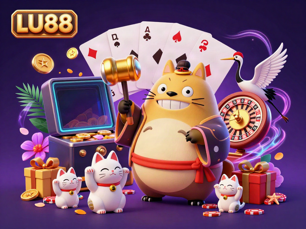 Enjoy exciting slots at LU88 with a cheerful tanuki and lucky symbols in a vibrant casino scene.