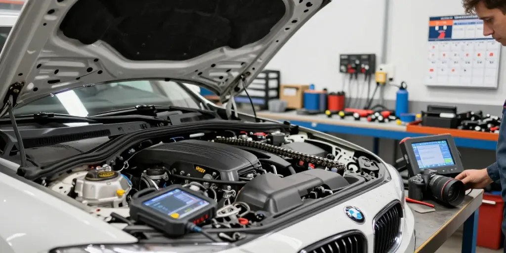 Mechaniker bei der Inspektion einer BMW-Motorsteuerkette in einer gut ausgestatteten Werkstatt.