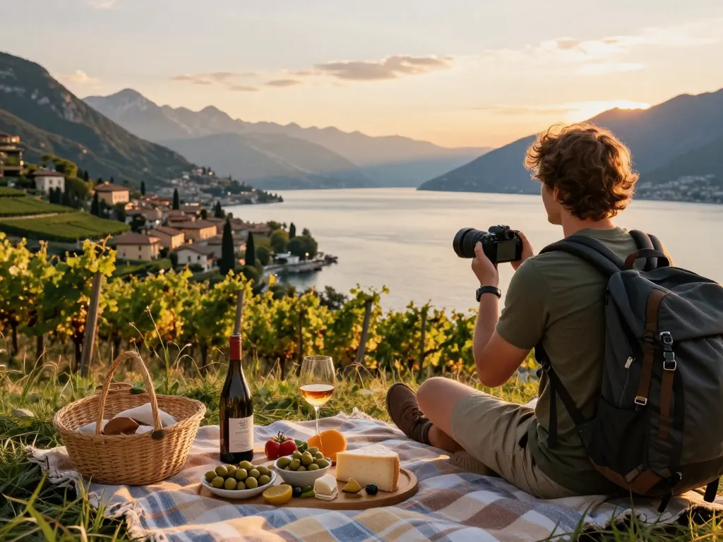 Faszinierender Blick auf den Gardasee während des Sonnenuntergangs, der Gardasee Reisetipps mit lokalen Köstlichkeiten und atemberaubenden Landschaften zeigt.