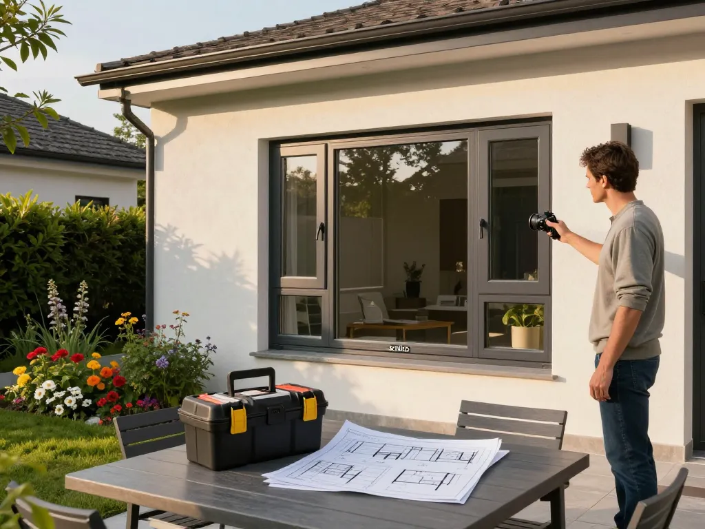 Hausbesitzer inspiziert neue fenster schüco Installation, die Qualität und Energieeffizienz in moderner Architektur zeigt.