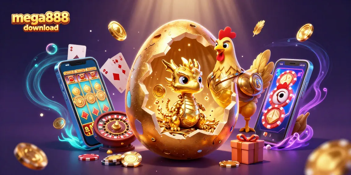 Experience the thrill of mega888 download with a golden dragon scene full of slot games and casino excitement.
