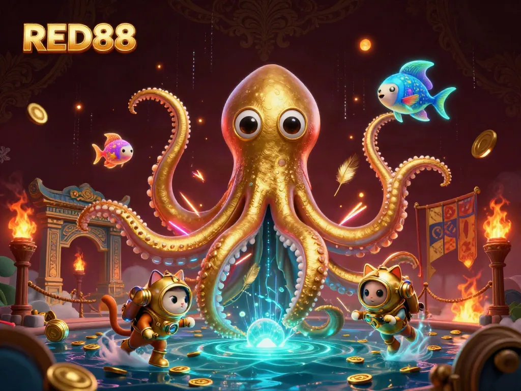 Engage in thrilling gameplay at RED88 with exciting visuals of a diving cat and kraken amidst vibrant gaming elements.