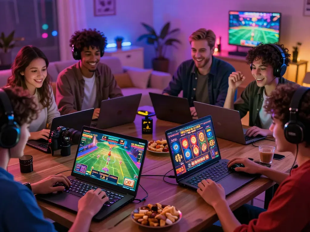 IWIN lively gaming scene with friends enjoying online casino games and vibrant decor.