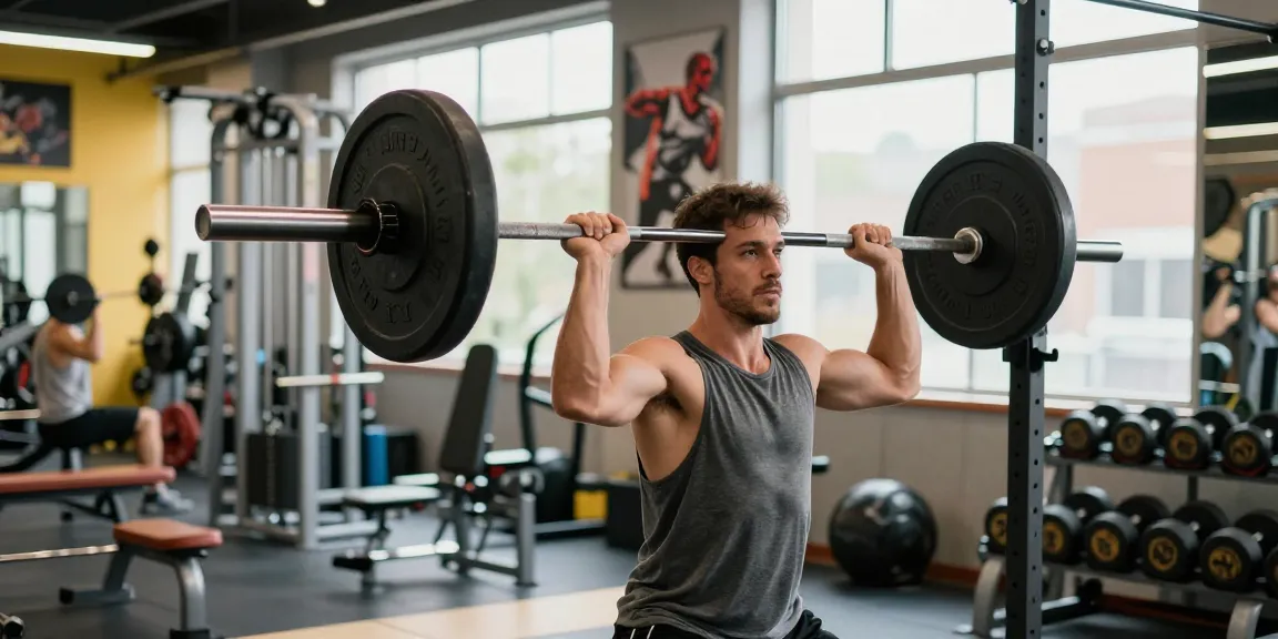 Anabolika Shop: Athlet im Fitnessstudio beim Gewichtheben, umgeben von Geräten und motivierenden Postern.