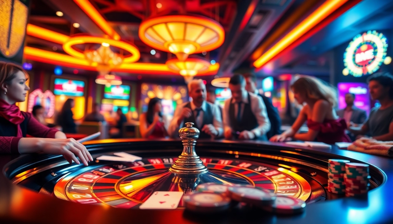 Erleben Sie aufregende casinospiele mit Spielern an einem Roulette-Tisch in einer lebhaften Casino-Umgebung.