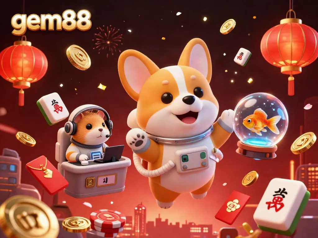Experience gem88's thrilling casino adventure with a 3D corgi astronaut and vibrant gaming elements.