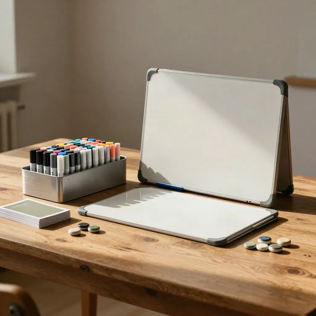 Workshop-Kit mit Karten, Whiteboard und Markern auf einem warmen Holztisch im Dunst.