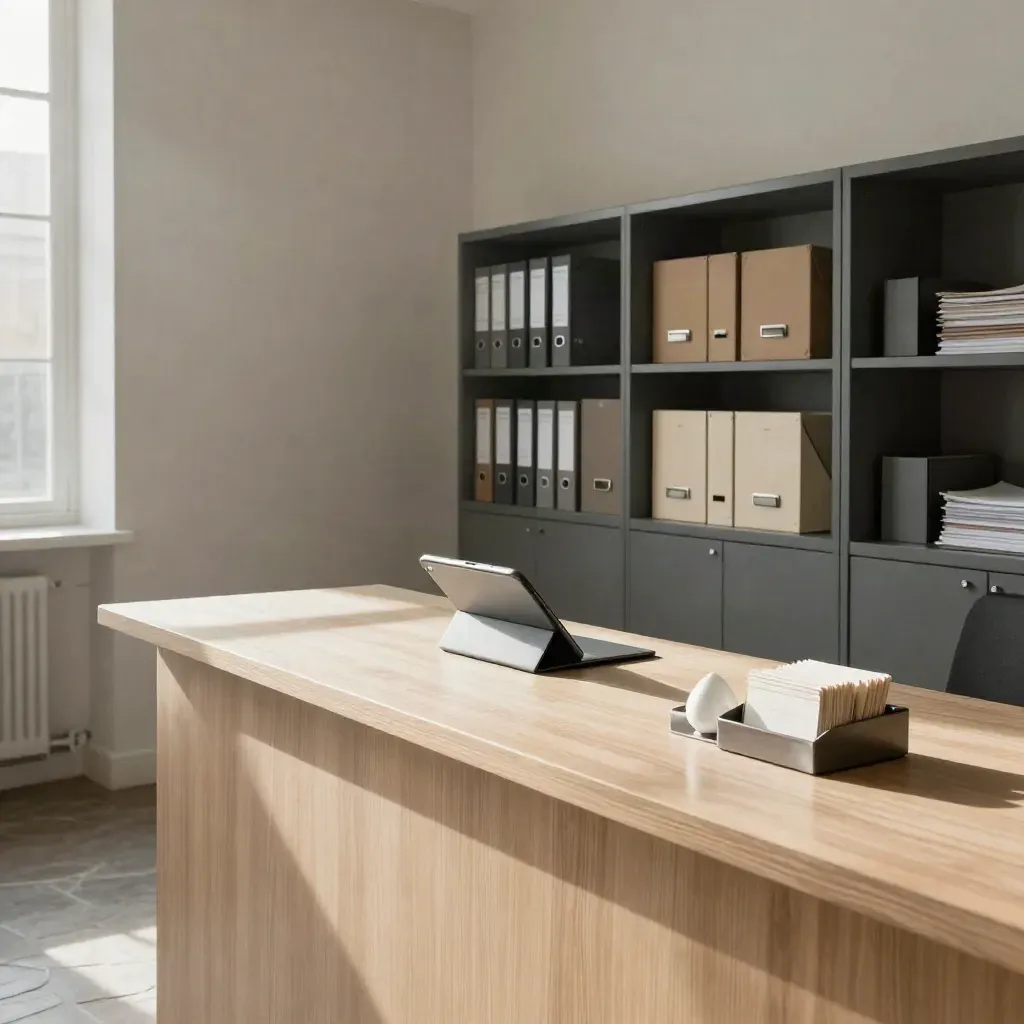 Moderne Kanzlei-Rezeption mit dunklem Regal, Tablet und hellen Karten auf hellem Holz.