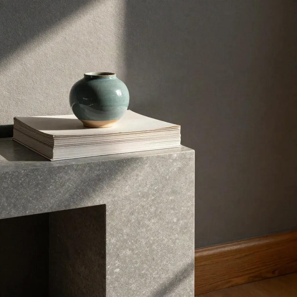 Makro eines Designstudio-Pedestals mit Sammbüchern und Keramik im warmen Licht