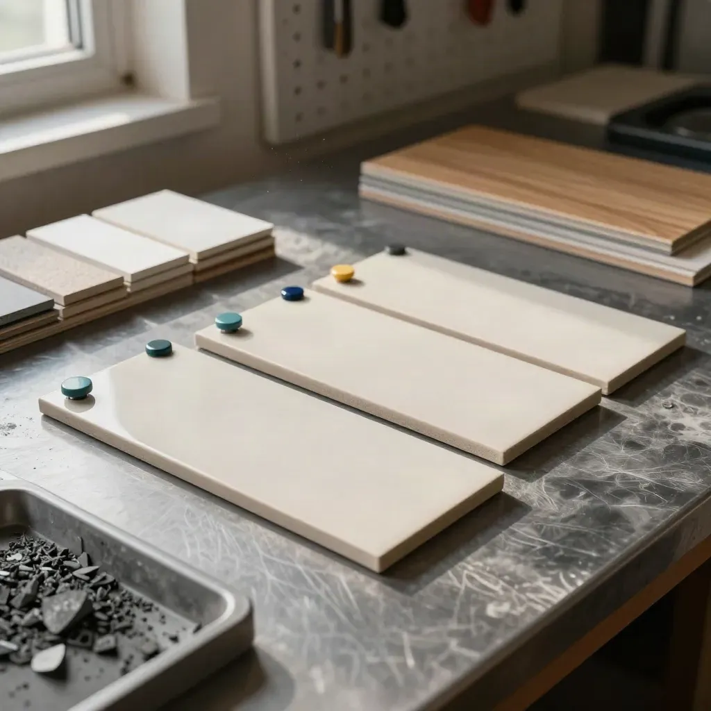 Magnetische Plan-Tafel auf Werkbank mit Blankotiles und Materialmustern im warmen Licht.