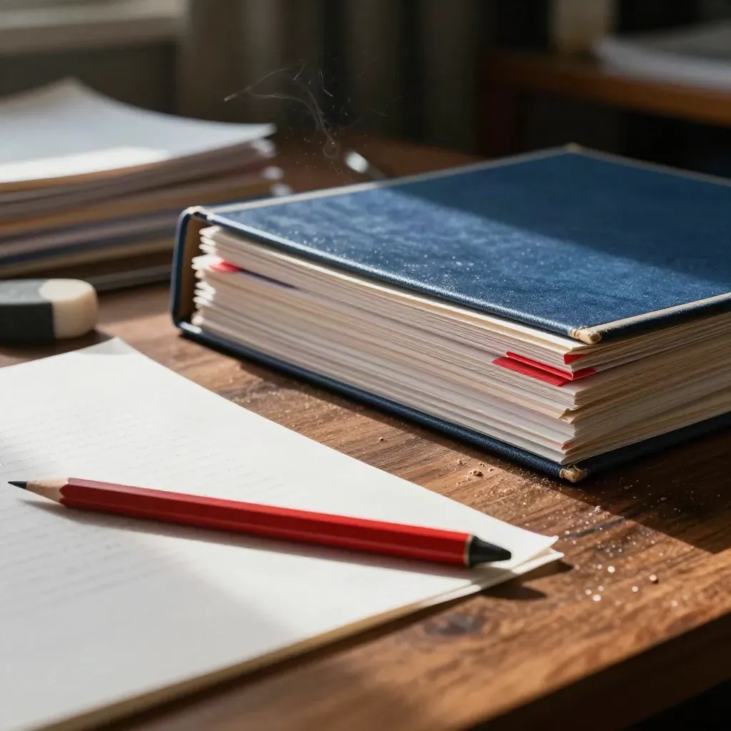 Korrekturstifte, roter Prüfstift und Papierstapel auf warmem Holztisch mit Papierspänen.