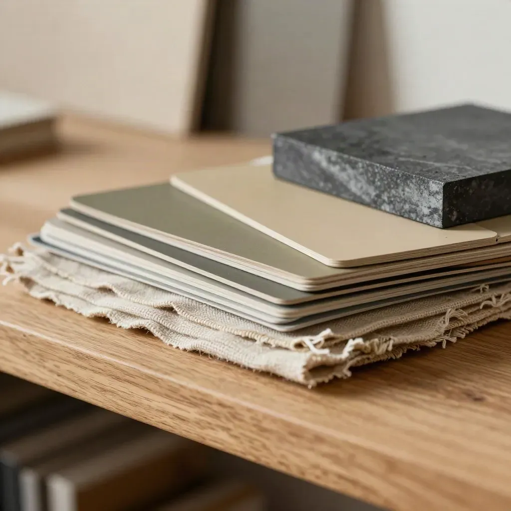 Materialstapel mit Farbchips, Leinenproben und graphitgrauem Sampleblock im Studiolicht.