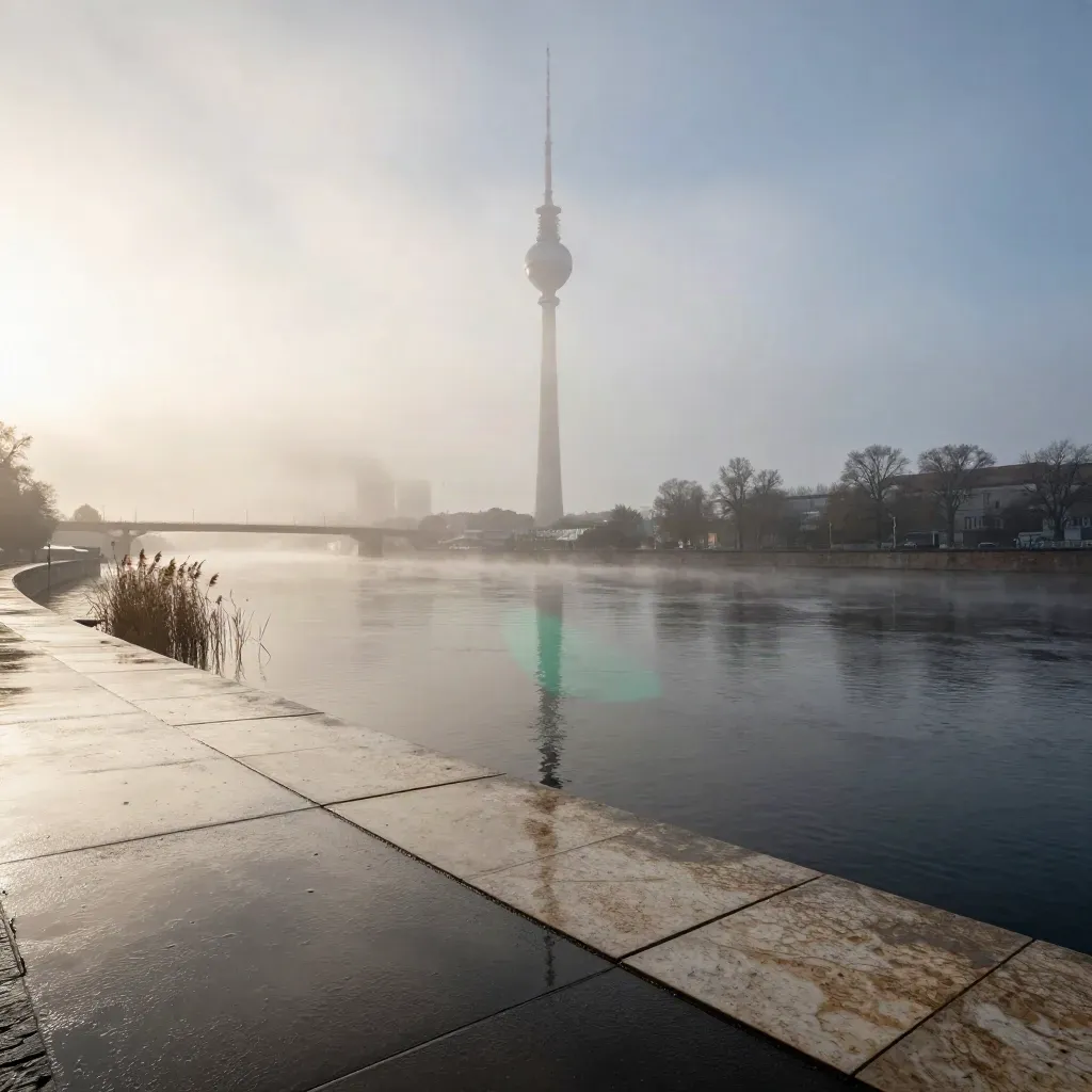Der Fernsehturm über der Spree im Morgennebel nach Regen, ruhig und hell