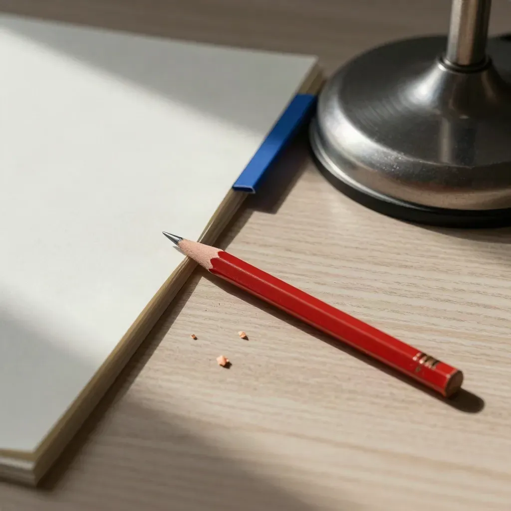 Roter Bleistift, Korrekturabzüge und Radierkrümel auf hellem Holz, seitlich beleuchtet.