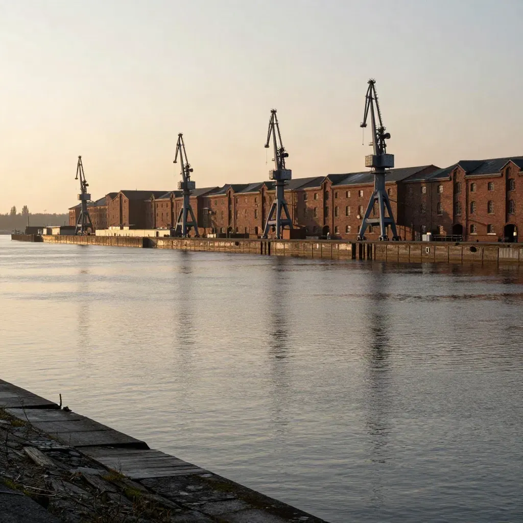 Elbmagazine und Kransilhouetten im goldenen Abendlicht über ruhigem Hafenwasser
