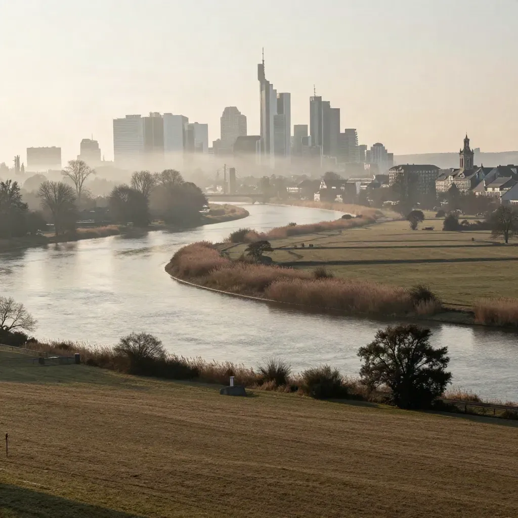 Main-Bieg mit Frankfurter Skyline im Morgennebel über ruhigem Fluss