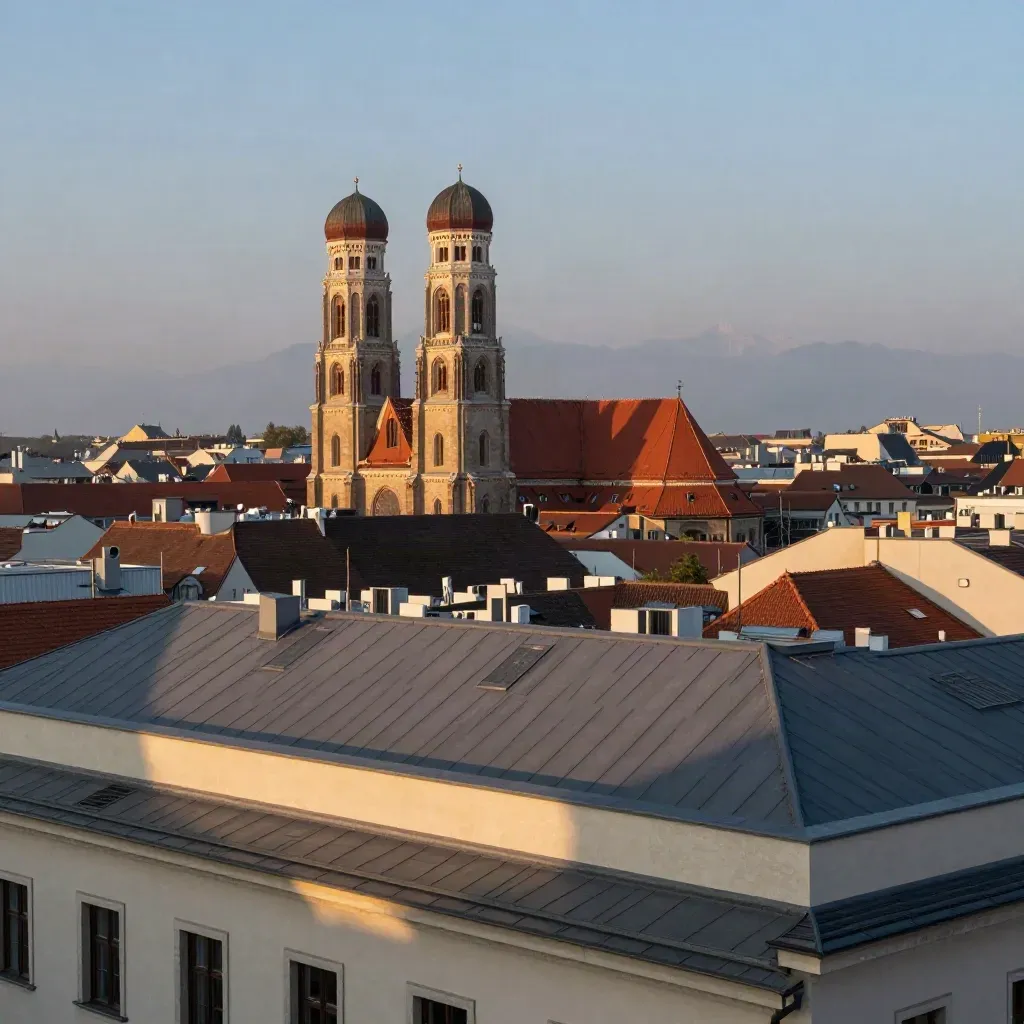 Münchner Skyline mit Frauenkirche über ruhiger Dämmerung und Alpenhauch