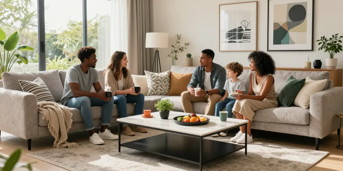 Gemütliches Familientreffen in einem stilvollen Wohnzimmer, das Möbel und eine einladende Atmosphäre für möbel online bestellen zeigt.