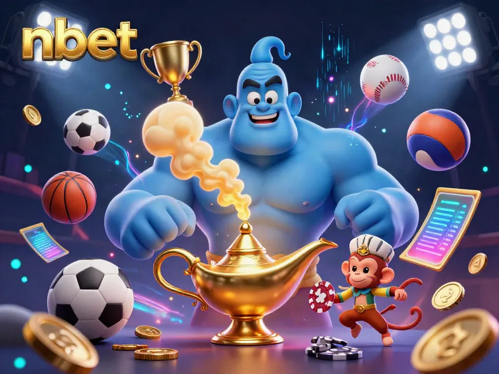 Engage with nbet's exhilarating environment featuring a genie, monkey, and flying poker chips.