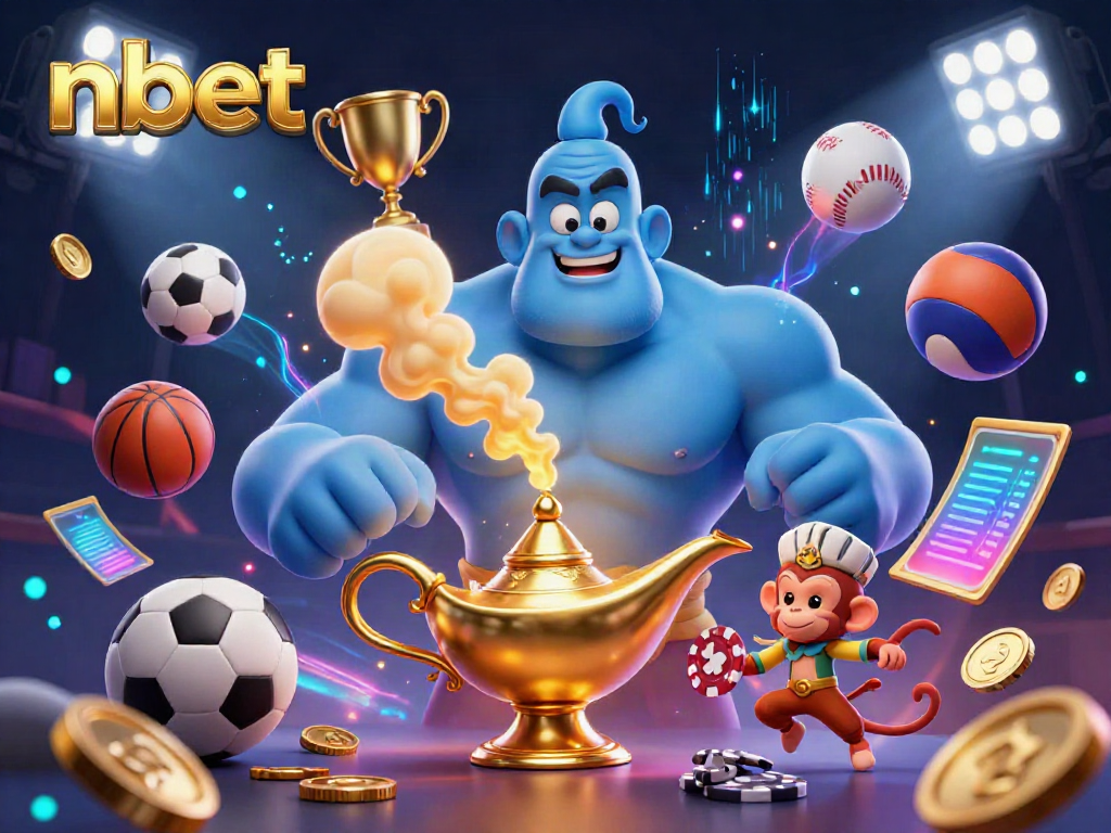 Engage with nbet's exhilarating environment featuring a genie, monkey, and flying poker chips.