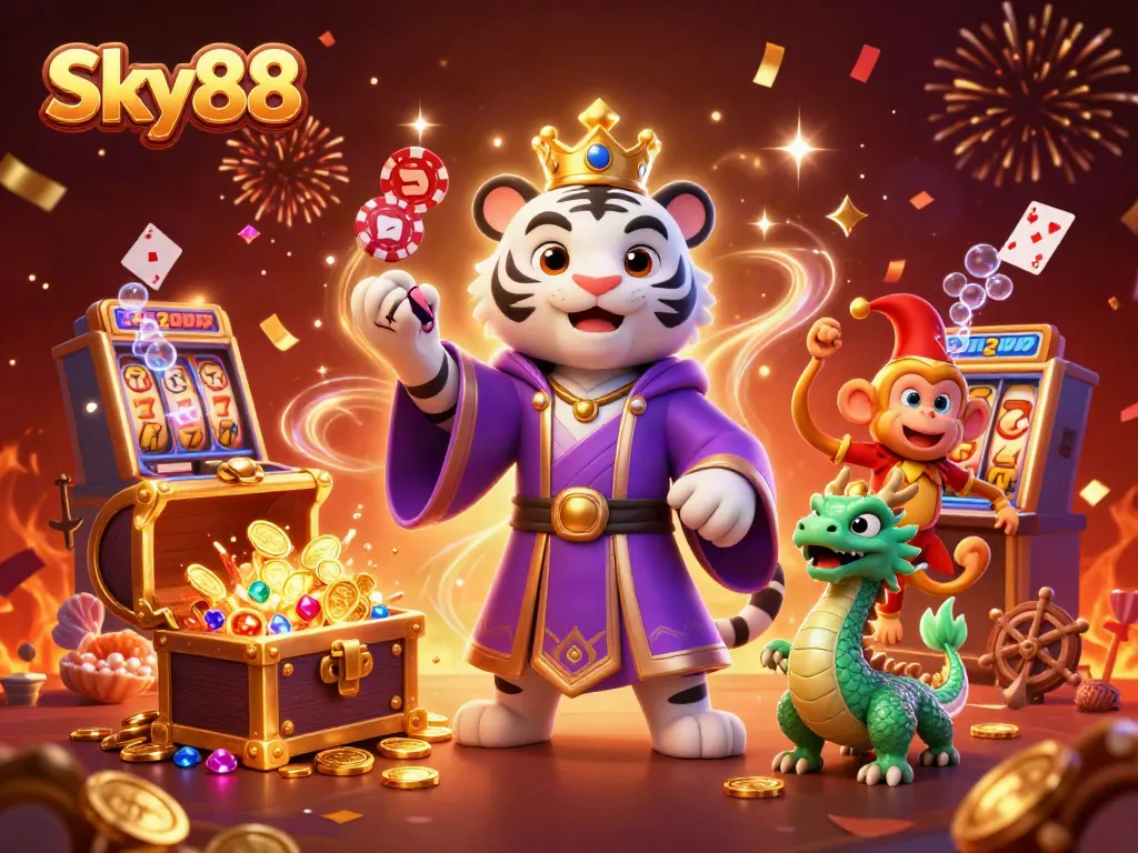 Sky88 showcases a vibrant casino scene with an elegant tiger and a jester monkey amidst colorful slot machines.