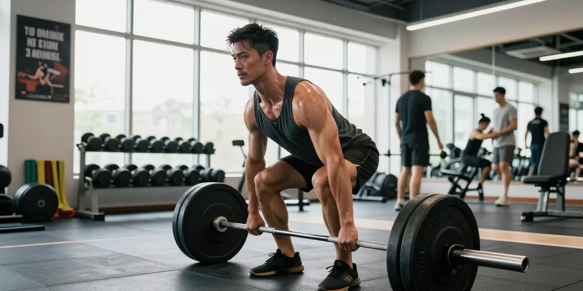 Anabolika kaufen für Muskelaufbau: Bodybuilder beim Deadlift in modernem Fitnessstudio mit motivierenden Elementen.