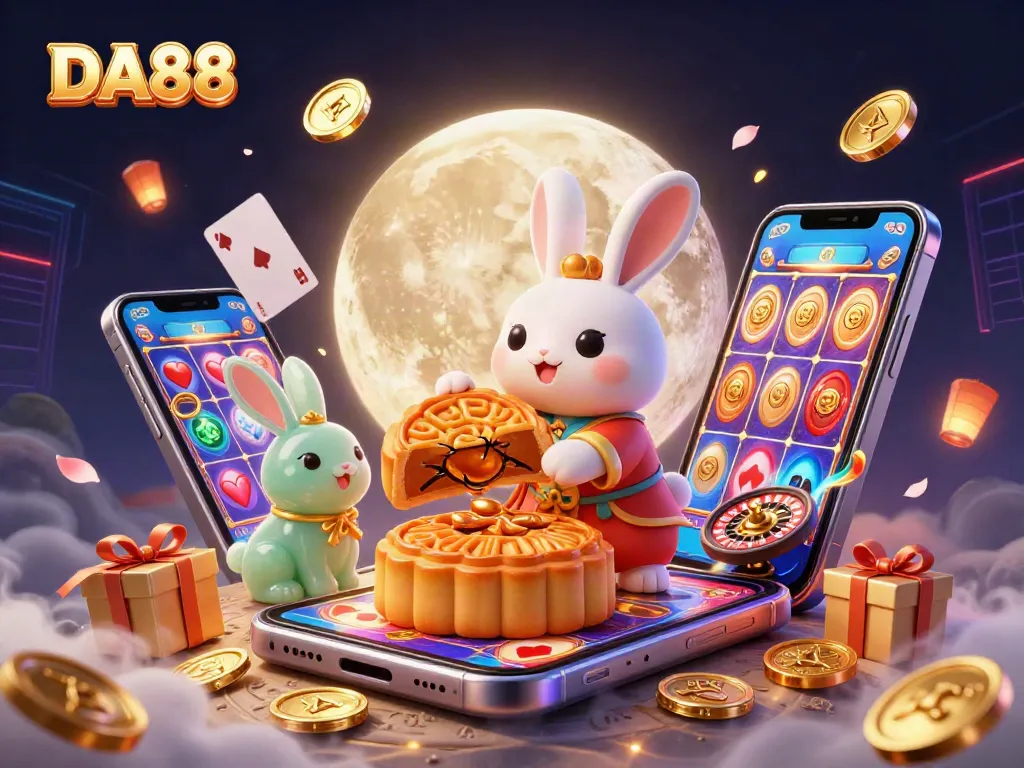 DA88 offers exciting gameplay with a lively moon rabbit character surrounded by dynamic casino elements.